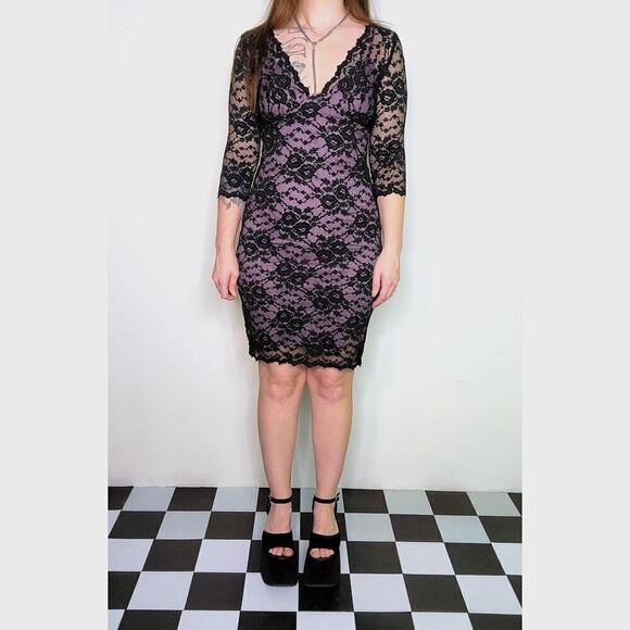 90s Y2k Vintage Black w/ Purple Midi Lace 3/4 Sleeve Whimsy Goth Dress - Picture 5 of 10